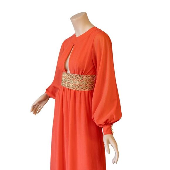 OSTI Vintage 70s Nylon Crepe Balloon Sleeve Coral Gown * Small - Picture 12 of 17